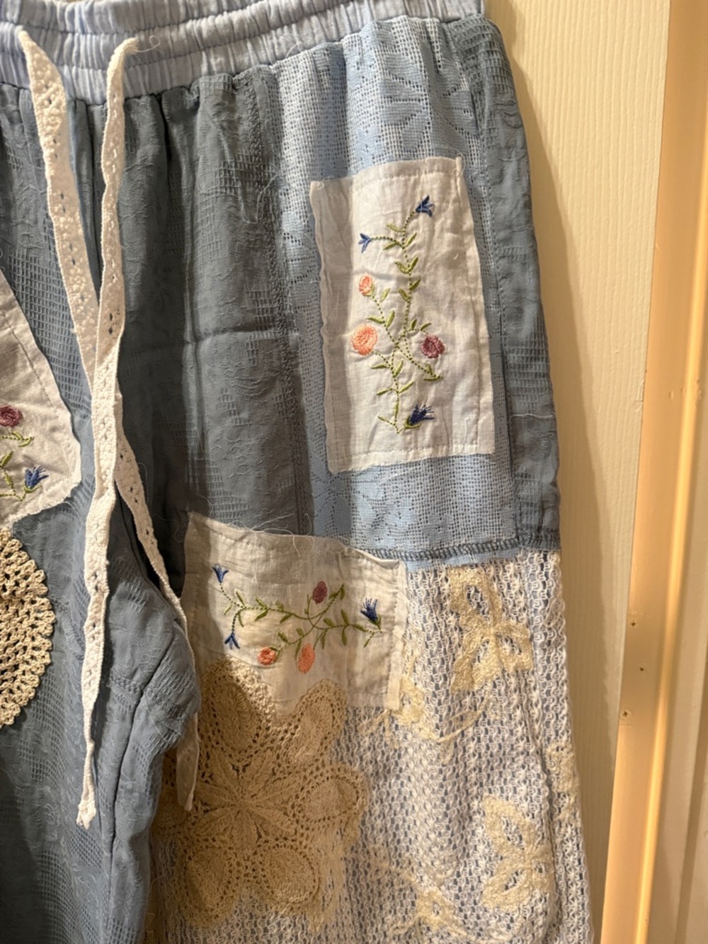 Bohemian Patchwork Wide-Leg Pants in Light Blue - Picture 7 of 15